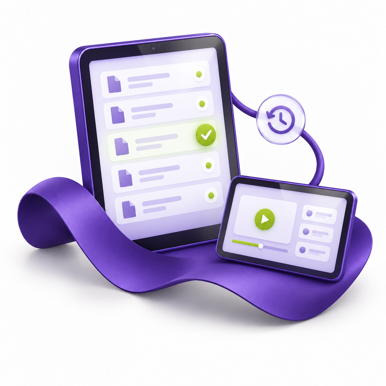 Illustration digitaler Dokumente auf vernetzten Bildschirmen in Violett und Lime