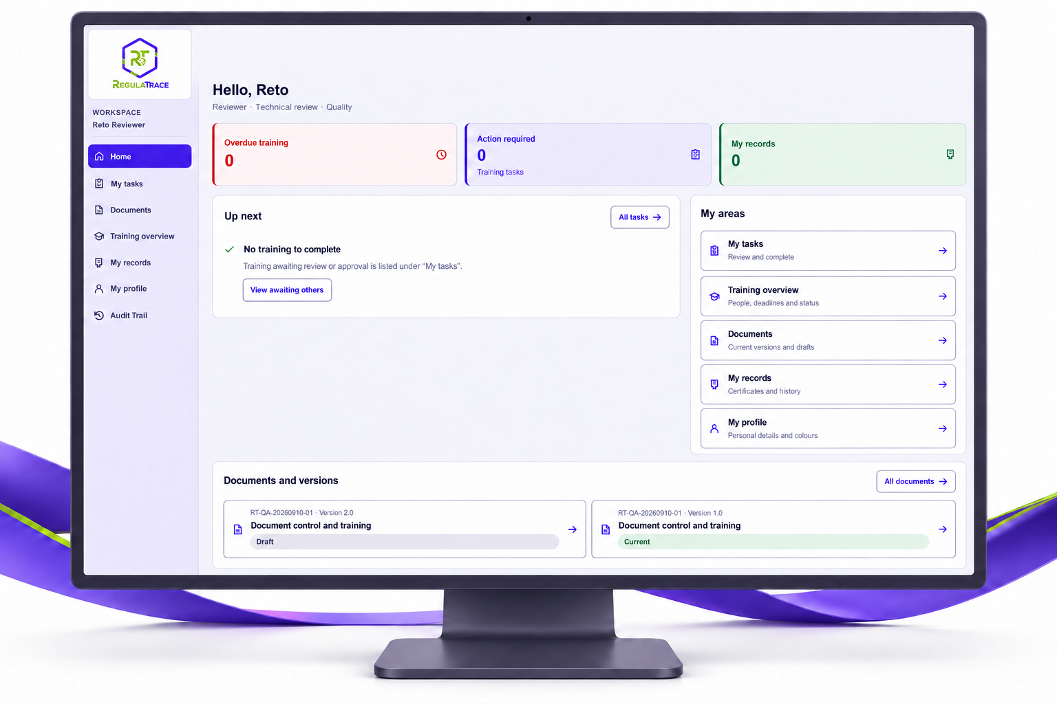 RegulaTrace dashboard on a monitor: training tasks, personal areas, documents and versions.